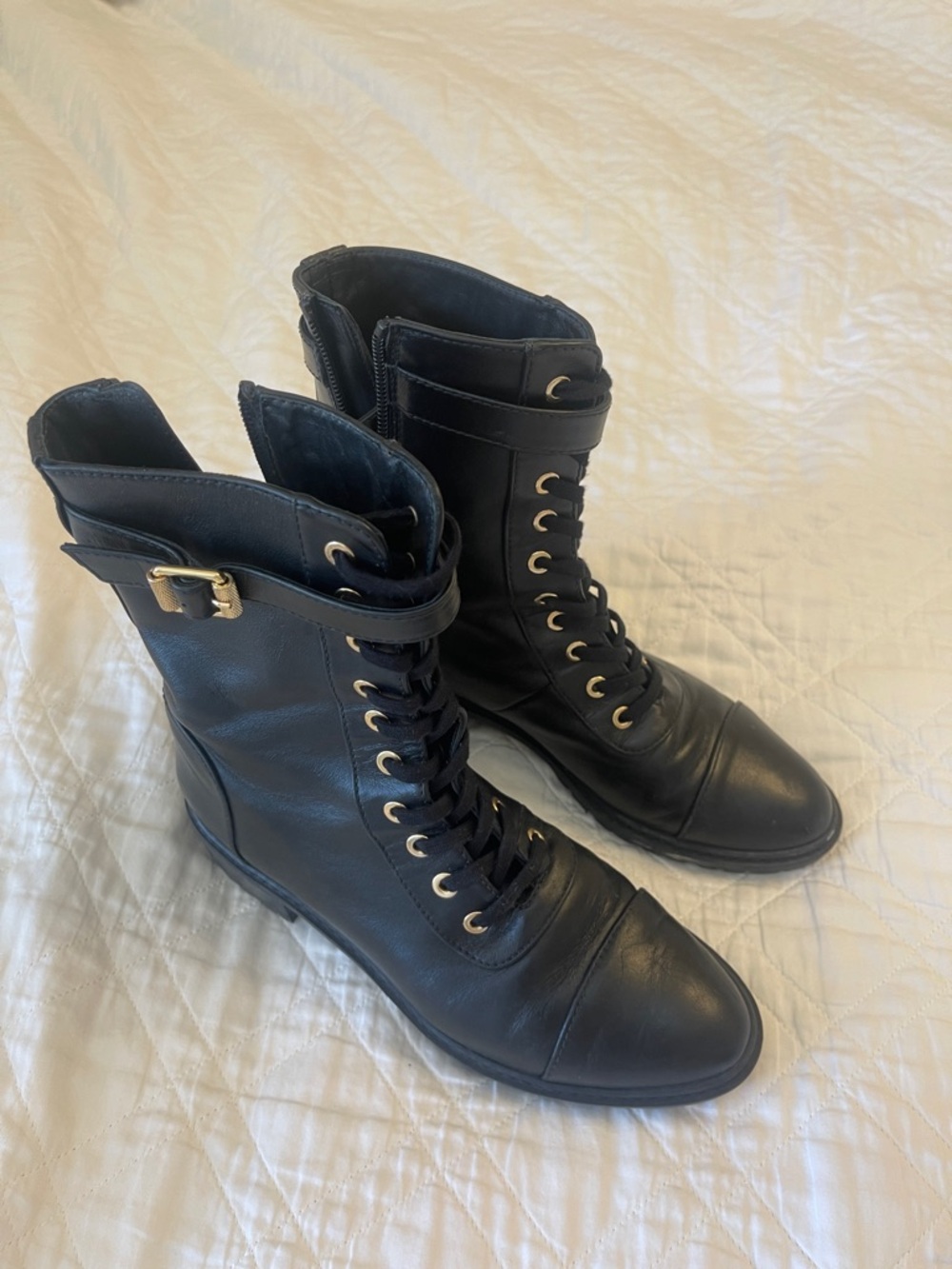 Stuart Weitzman Black Leather Lace-Up Boots with Buckle Strap